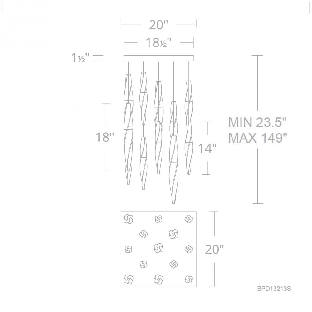 Kindjal 13 Light 120-277V Multi-Light Pendant (Square Canopy) in Polished Nickel with Clear Optic