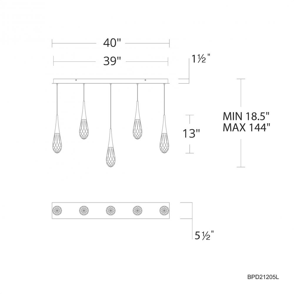 Hibiscus 5 Light 120-277V Multi-Light Pendant (Linear Canopy) in Polished Nickel with Clear Optic