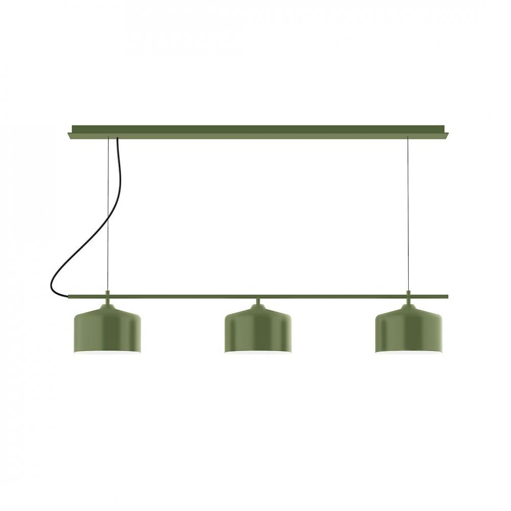 3-Light Linear Arcade LED Chandelier with Black Fabric Cord, Forest Green