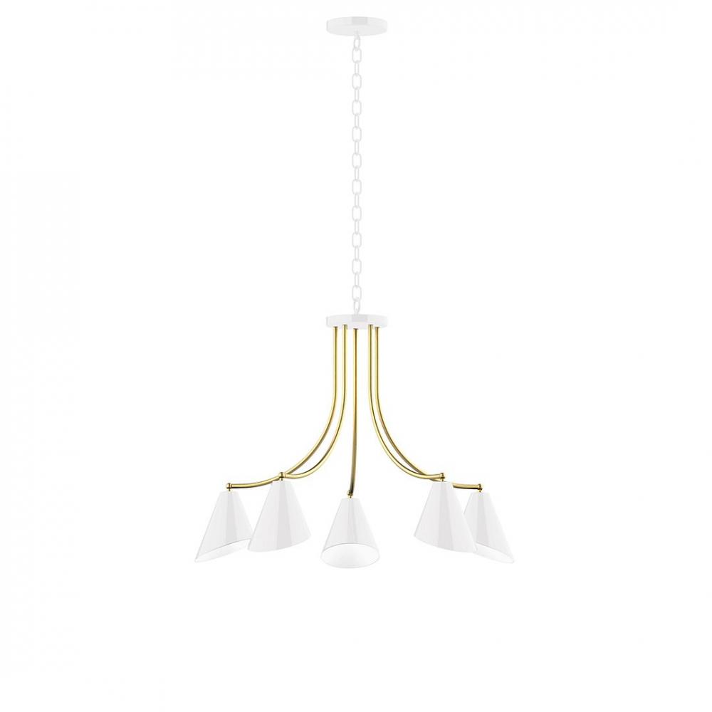 5-Light J-Series Chandelier, White with Brushed Brass Accents