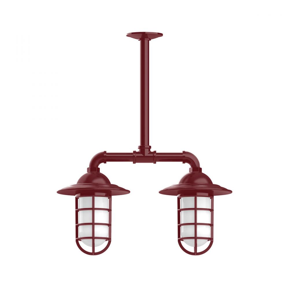 Vaportite, Style A shade, 2-light stem hung pendant with frosted glass and cast guard, Barn Red