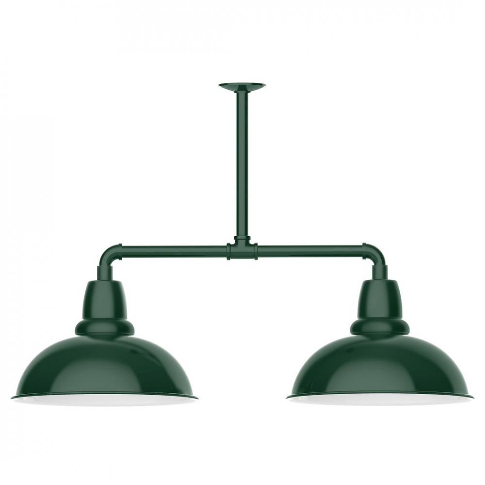 16" Cafe shade, 2-light LED Stem Hung Pendant with wire grill, Forest Green