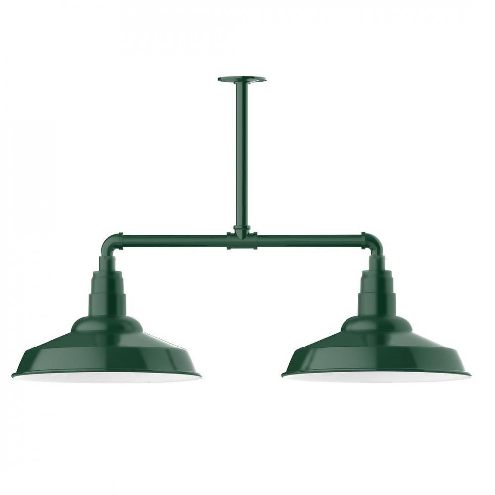 16" Warehouse shade, 2-light LED Stem Hung Pendant with wire grill, Forest Green
