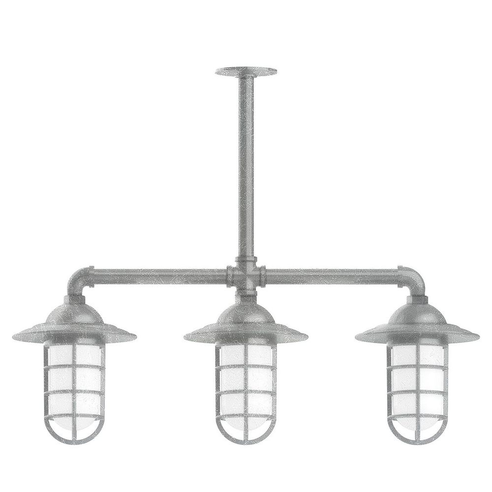 Vaportite, Style A shade, 3-Lt stem hung pendant w/ frosted glass & cast guard, Painted Galvanized