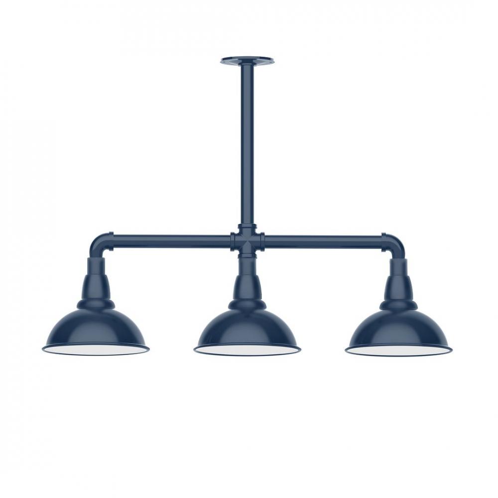 8" Cafe shade, 3-light LED Stem Hung Pendant with wire grill, Navy