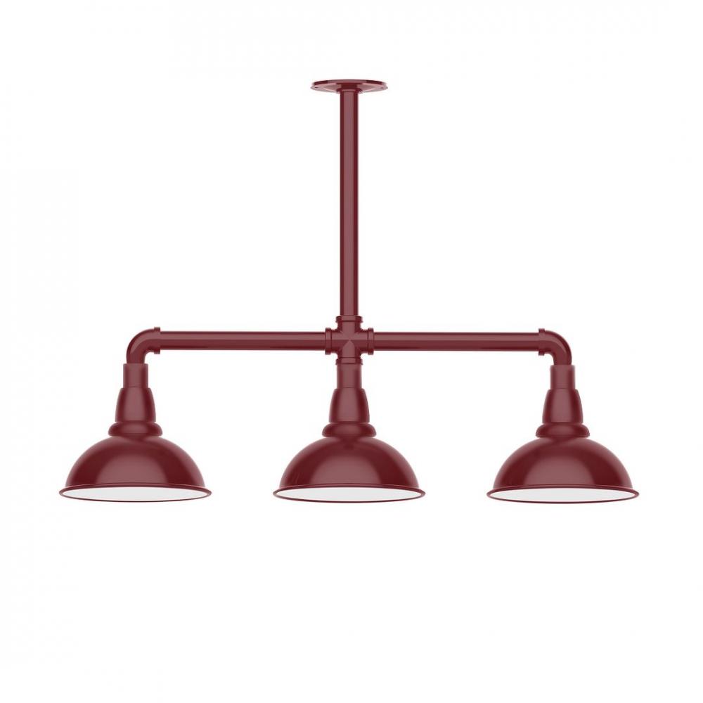 8" Cafe shade, 3-light LED Stem Hung Pendant with wire grill, Barn Red