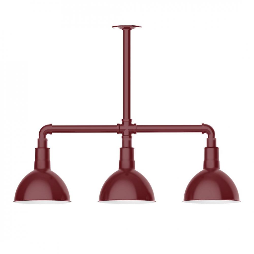 8" Deep Bowl shade, 3-light LED Stem Hung Pendant with wire grill, Barn Red