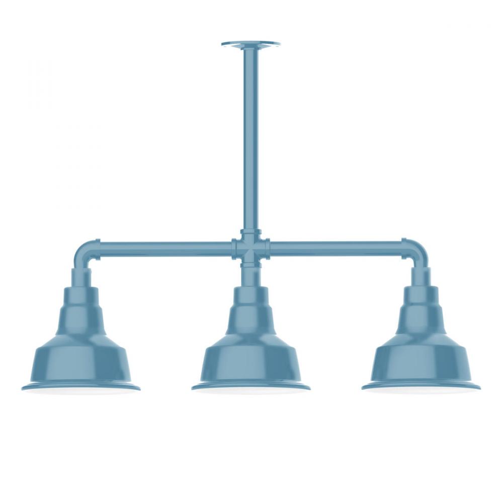 8" Warehouse shade, 3-light stem hung pendant with Frosted Glass and cast guard, Light Blue