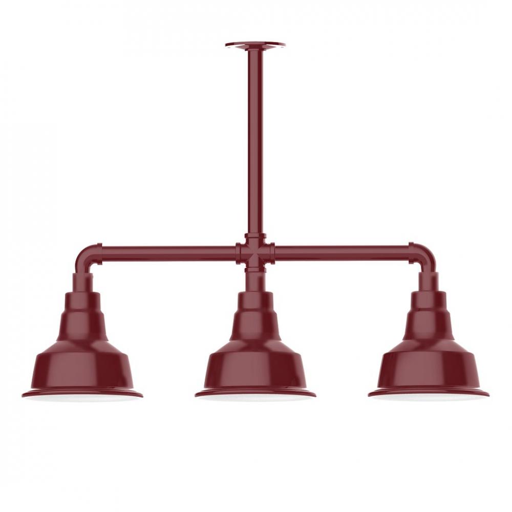 8" Warehouse shade, 3-light LED Stem Hung Pendant with wire grill, Barn Red