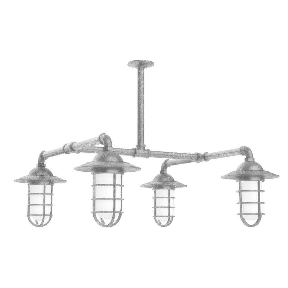 Vaportite, Style A shade, 4-Lt stem hung pendant w/ frosted glass & cast guard, Painted Galvanized