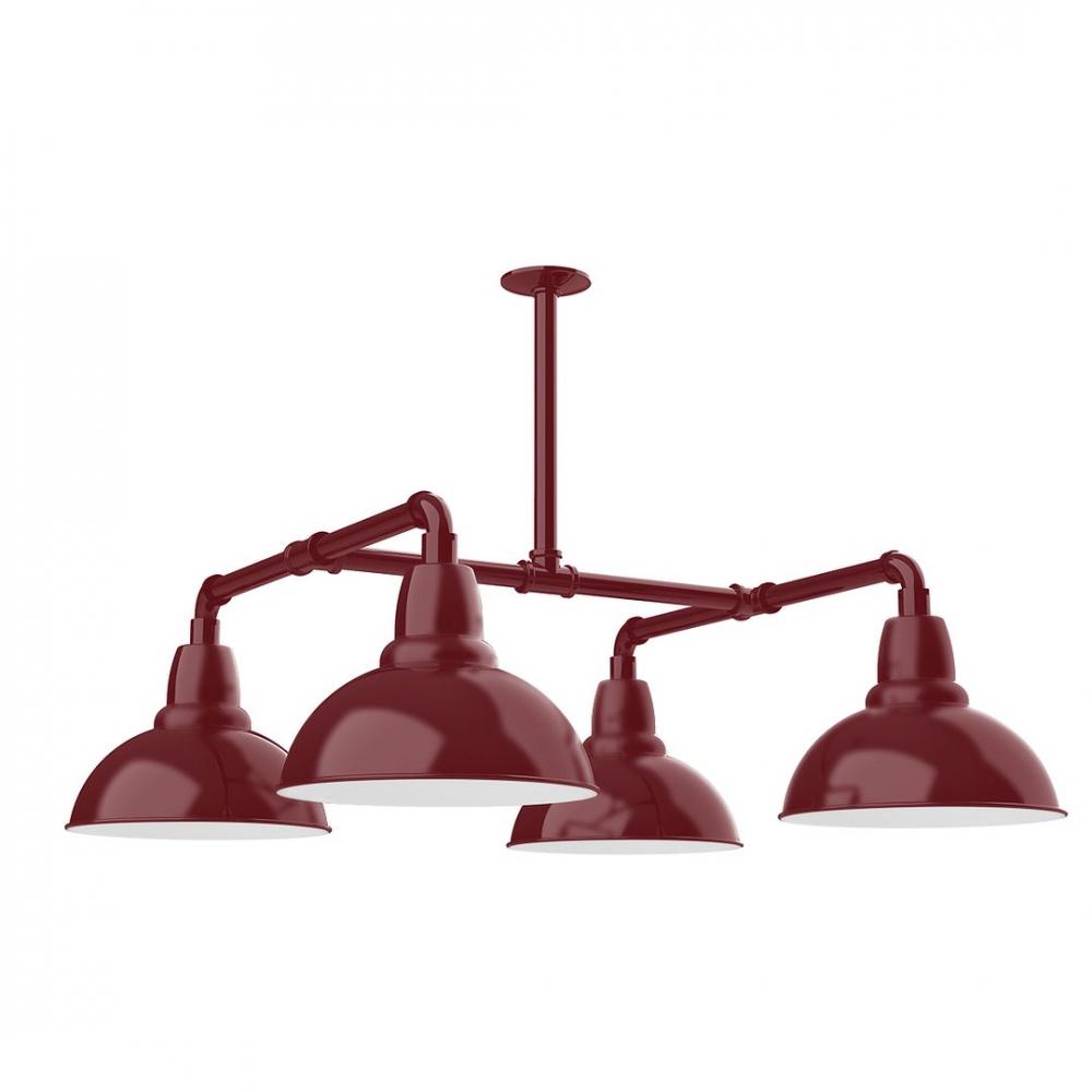 12" Cafe shade, 4-light LED Stem Hung Pendant with wire grill, Barn Red