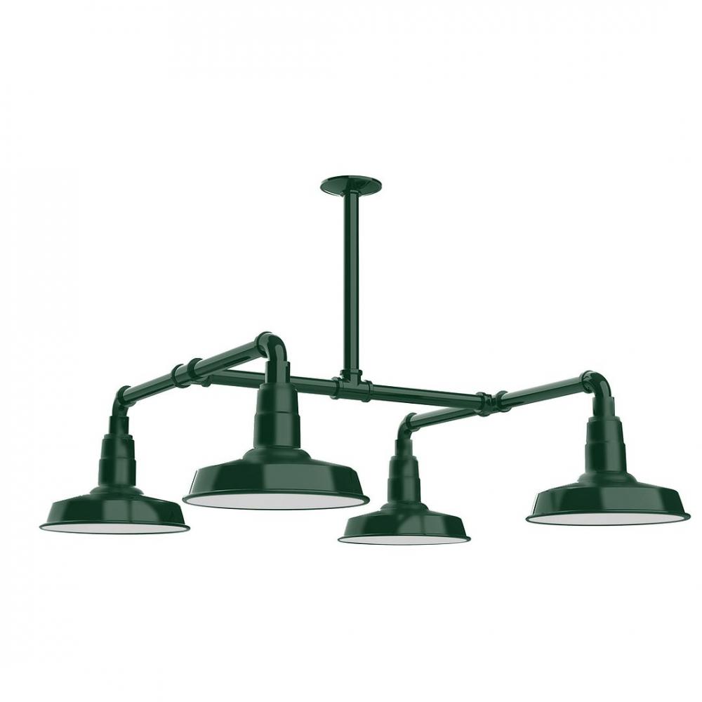 10" Warehouse shade, 4-light LED Stem Hung Pendant with wire grill, Forest Green