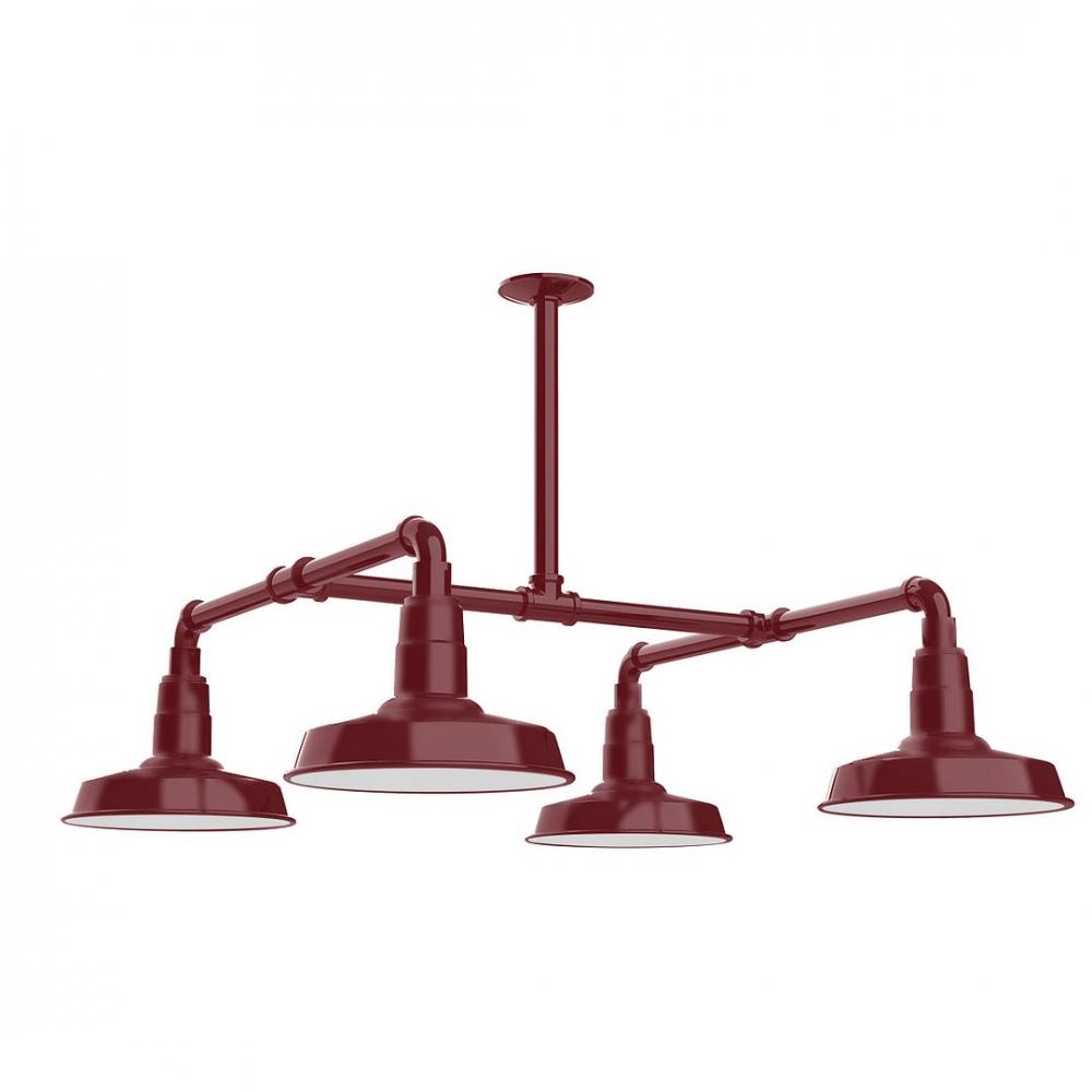 10" Warehouse shade, 4-light LED Stem Hung Pendant with wire grill, Barn Red