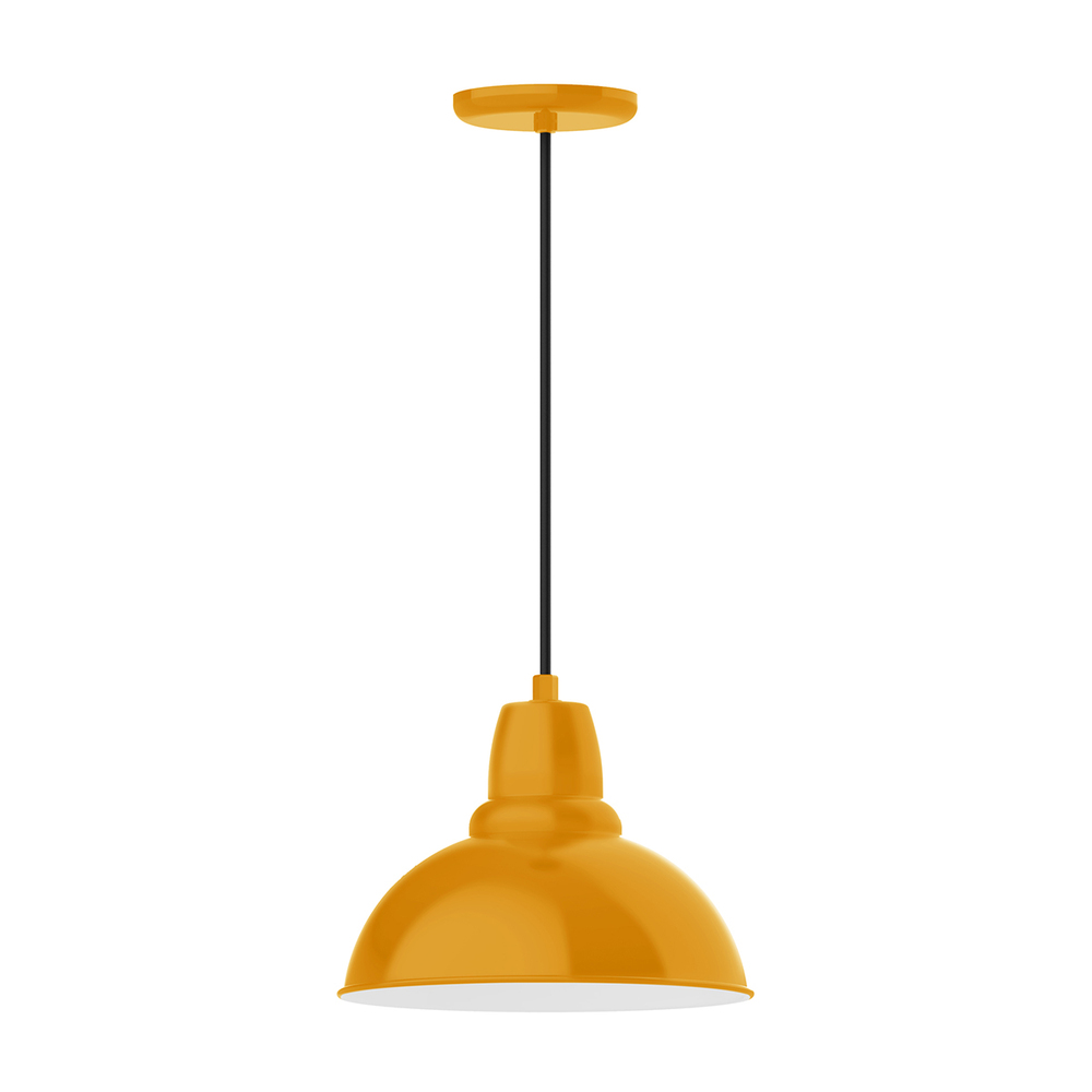 12" Cafe shade, pendant w/ black solid fabric cord & canopy, clear glass & cast guard, Bright Ye