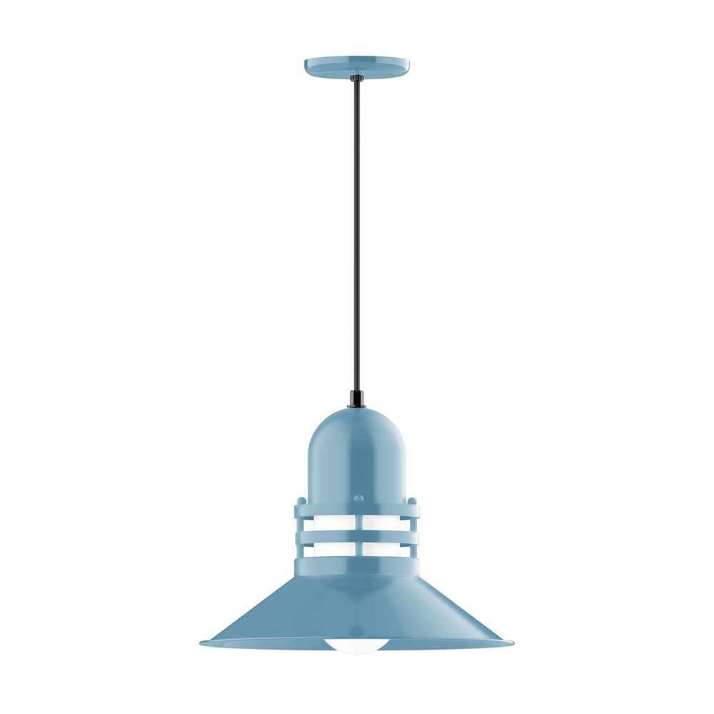 16" Atomic shade, pendant with black cord and canopy, Frosted Glass, Light Blue