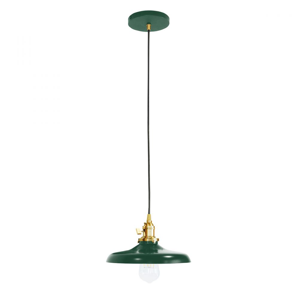 10" Uno Pendant, cool tweed fabric cord with canopy, Forest Green with Brushed Brass Hardware