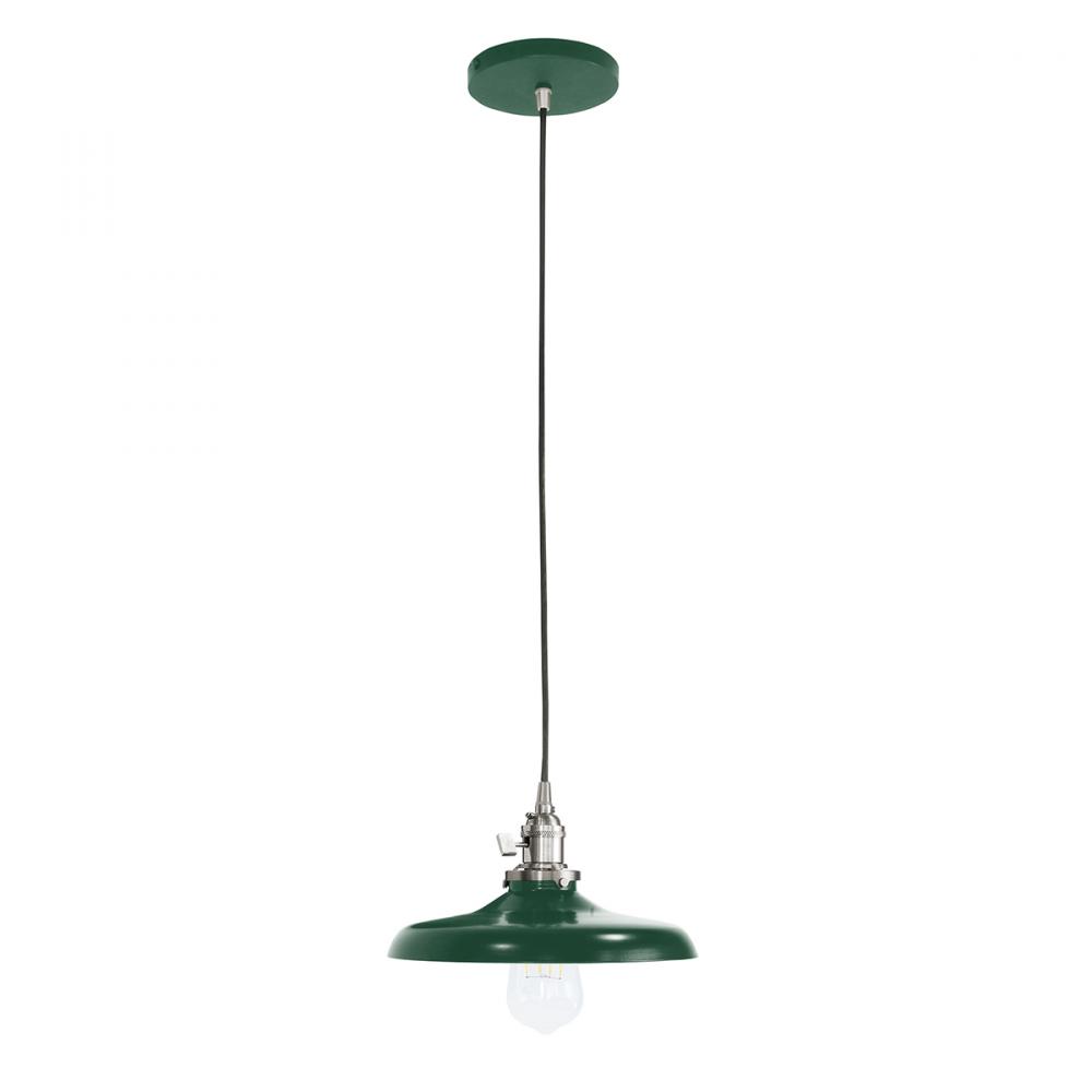 10" Uno Pendant, red & white zig zag fabric cord w/ canopy, Forest Green w/ Brushed Nickel Hardw