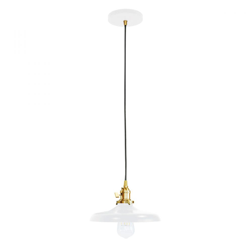 10" Uno Pendant, ivory fabric cord with canopy, White with Brushed Brass Hardware