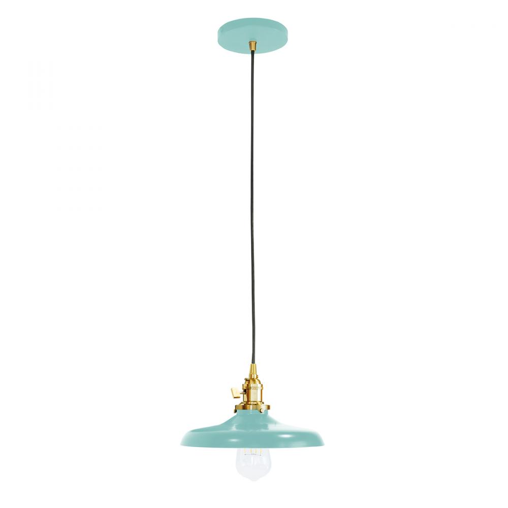 10" Uno Pendant, Gray and Yellow Dot Fabric Cord with canopy, Sea Green with Brushed Brass Hardw
