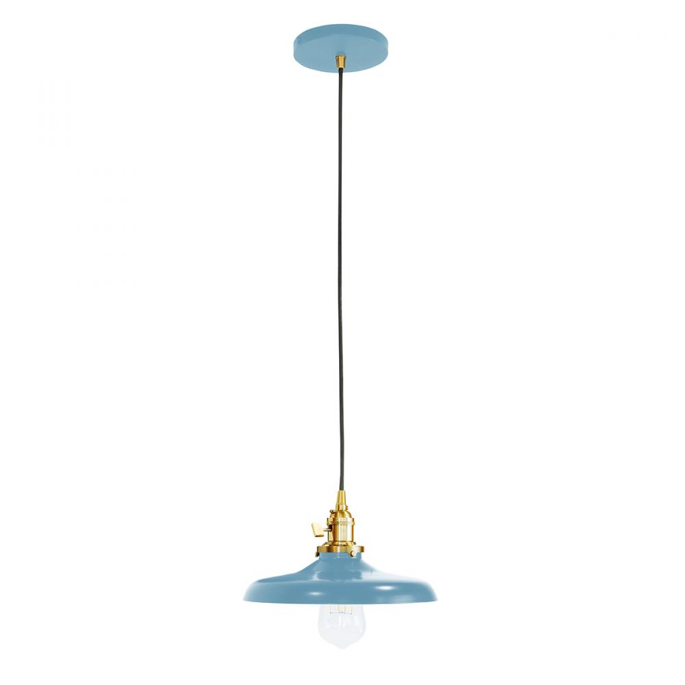 10" Uno Pendant, white and gray dot fabric cord with canopy, Light Blue with Brushed Brass Hardw