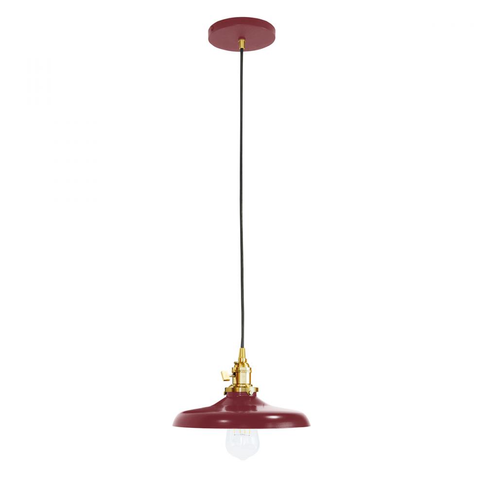 10" Uno Pendant, white solid fabric cord with canopy, Barn Red with Brushed Brass Hardware