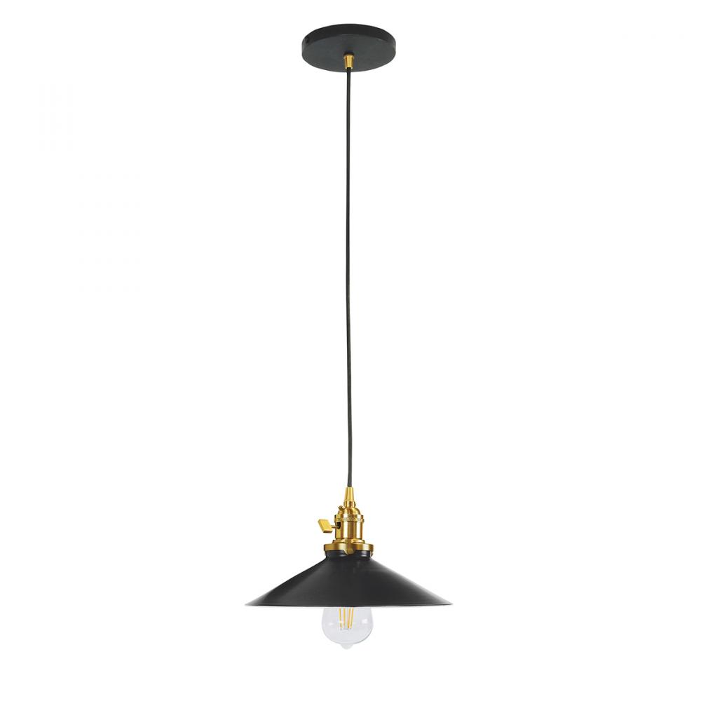 10" Uno Pendant, black & white houndstooth fabric cord w/ canopy, Black w/ Brushed Brass Hardwar