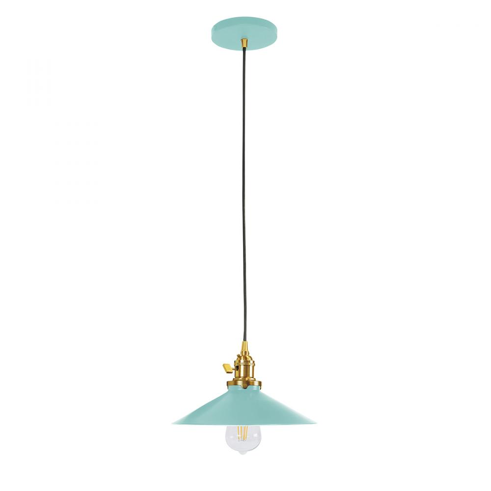 10" Uno Pendant, white solid fabric cord with canopy, Sea Green with Brushed Brass Hardware