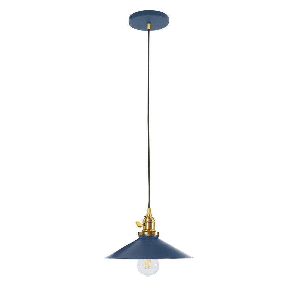 10" Uno Pendant, white solid fabric cord with canopy, Navy with Brushed Brass Hardware
