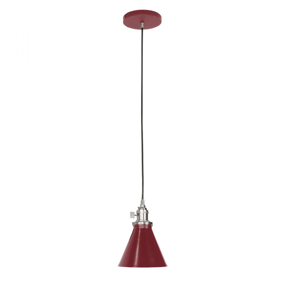 6" Uno Pendant, Gray and Yellow Dot Fabric Cord with canopy, Barn Red with Brushed Nickel Hardwa
