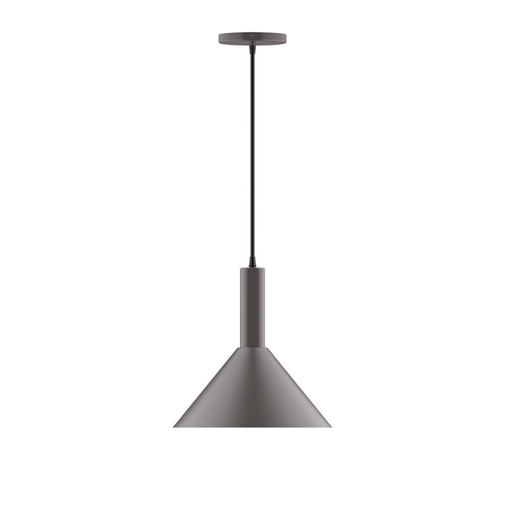 12" Chase Pendant with 6 inch white opal glass globe, black fabric cord with canopy, Bronze Matt