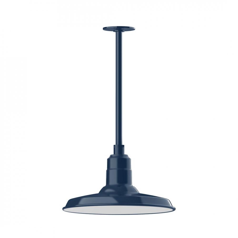 14" Warehouse shade, stem mount LED Pendant with wire grill, Navy
