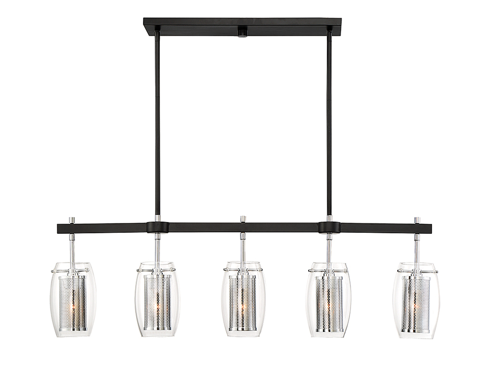 Dunbar 5-Light Linear Chandelier in Matte Black with Polished Chrome Accents