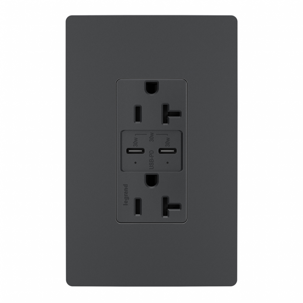 radiant? 20A Tamper Resistant Ultra Fast PLUS Power Delivery USB Type C/C Outlet, Graphite