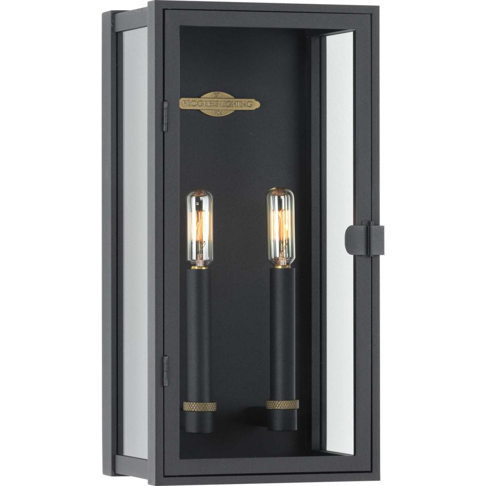 Stature Collection Two-Light Textured Black and Clear Glass Transitional Style Medium Outdoor Wall L