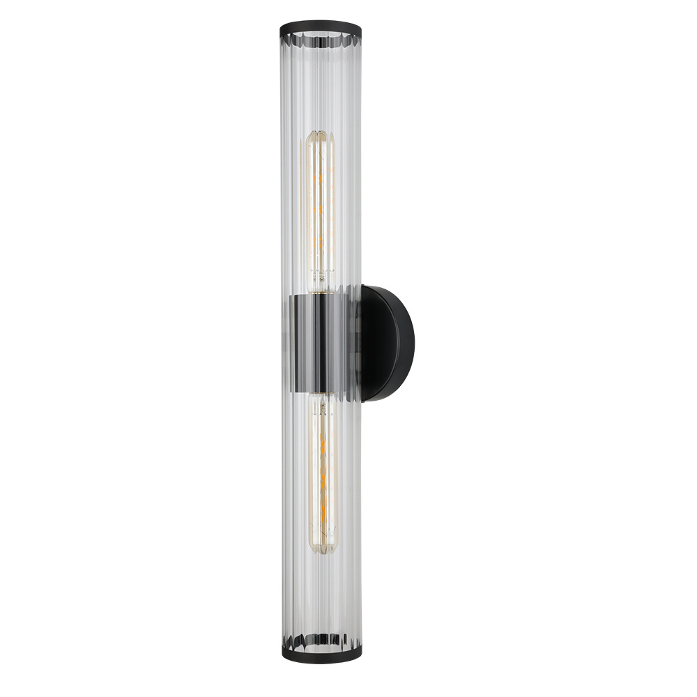 2 LT Bath/Vanity Light w/ Black Finish & Groved Clear Glass Shade