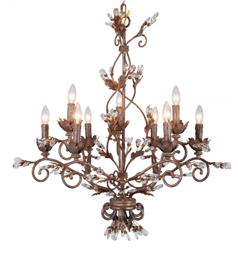 Nine Light Rubbed Antique Gold/ Crystals Up Chandelier