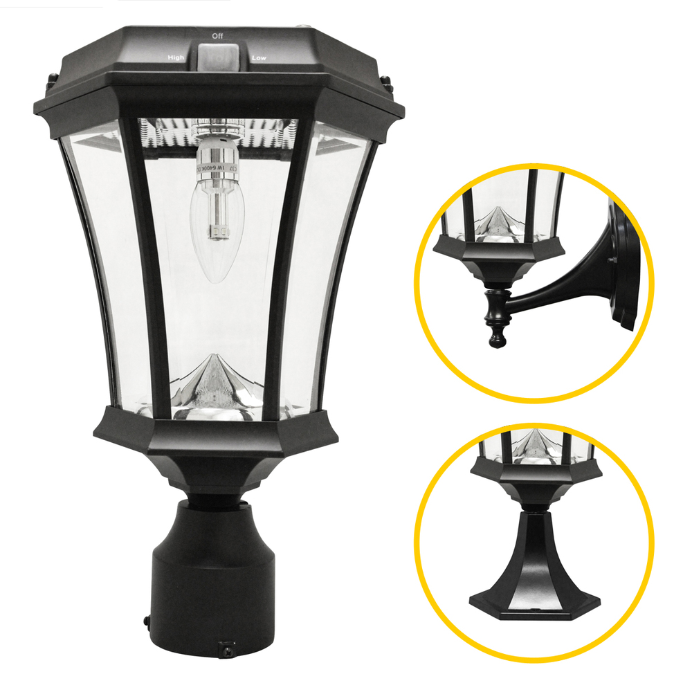 Victorian Bulb Solar Light with GS Solar LED Light Bulb Wall Pier 3 Inch Fitter Mounts Black Finish