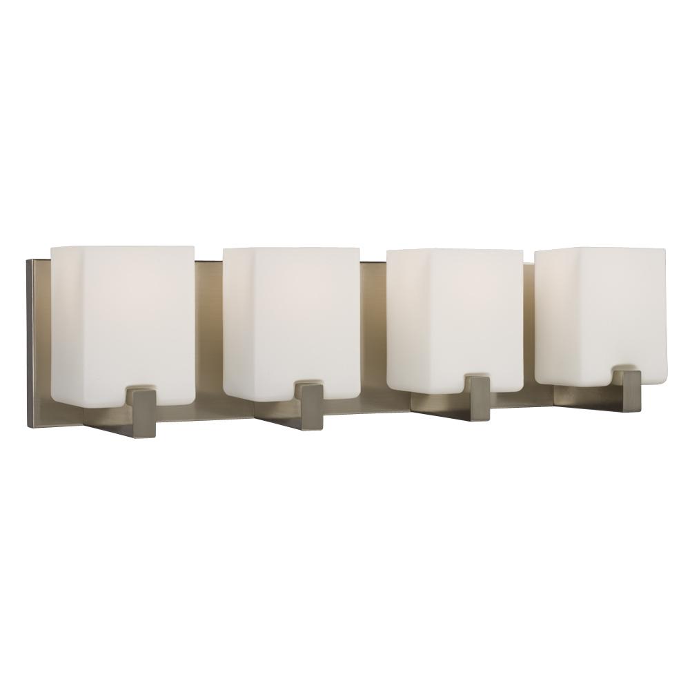 4 Light Vanity Light Brushed Nickel with Square White Opal Glass Shades
