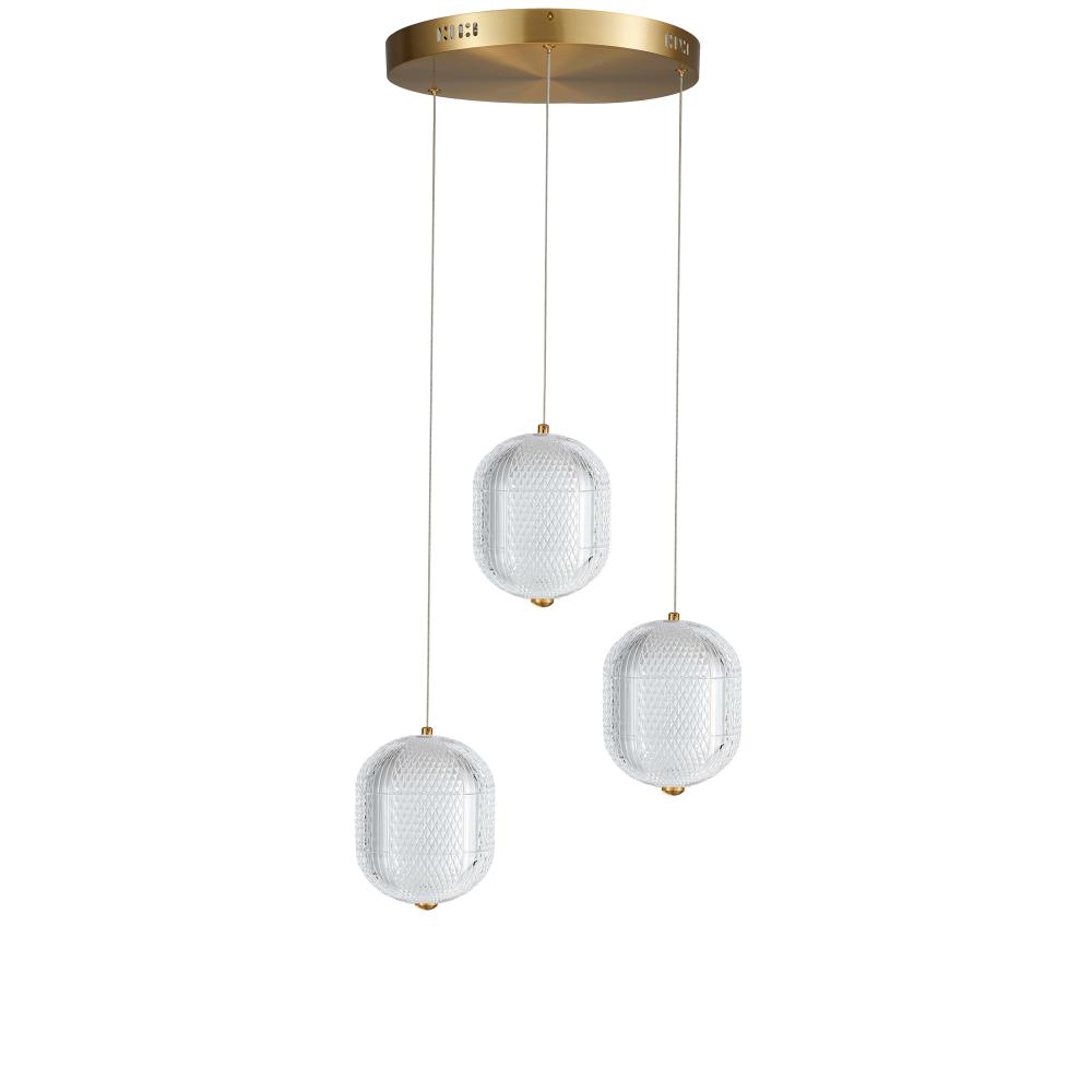 21W Multi Light Pendant in Aged Brass w/ Clear Pattern Acrylic
